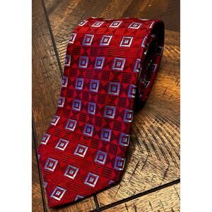 Villa Bolgheri Red with Light Blue Squares, Geometric,‎ Silk, Formal, Business